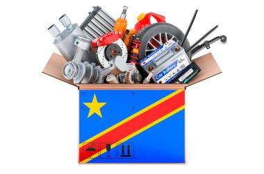 Paketin üzerine araba parçalarıyla Kongo Demokratik Cumhuriyeti bayrağı çizildi. Beyaz arkaplanda 3B görüntüleme izole edildi