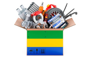 Paketin üzerine araba parçalarıyla Gabon bayrağı boyanmış. Beyaz arkaplanda 3B görüntüleme izole edildi