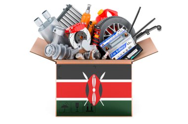 Paketin üzerine araba parçalarıyla Kenya bayrağı boyanmış. Beyaz arkaplanda 3B görüntüleme izole edildi