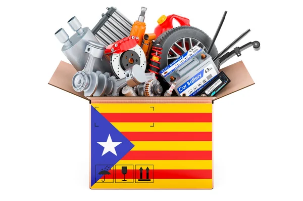 Katalońska Flaga Pomalowana Paczce Częściami Samochodowymi Rendering Izolowany Białym Tle — Zdjęcie stockowe