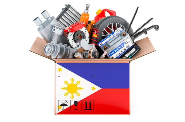 Bandera Filipina Pintada Paquete Con Piezas Automóviles Representación Aislada Sobre —  Fotos de Stock