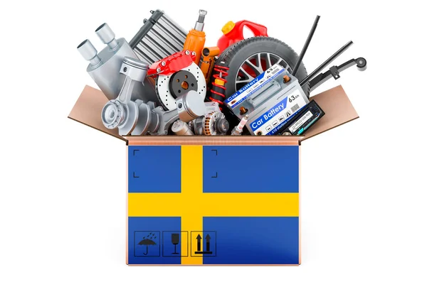 Szwedzka Flaga Pomalowana Paczce Częściami Samochodowymi Rendering Izolowany Białym Tle — Zdjęcie stockowe