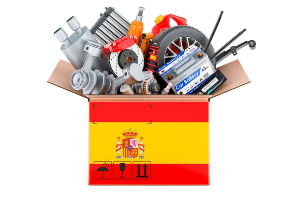 包裹上挂着西班牙国旗 上面有汽车零件 在白色背景上孤立的3D渲染 — 图库照片
