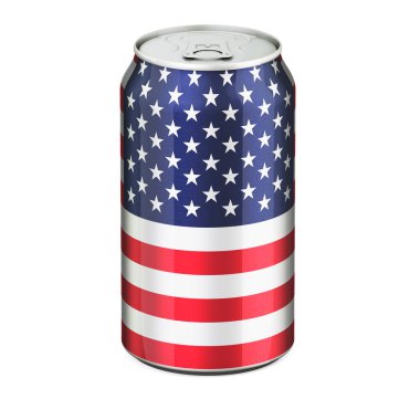 İçki kutusunun üzerine Amerikan bayrağı boyanmış. Beyaz arkaplanda 3B görüntüleme izole edildi