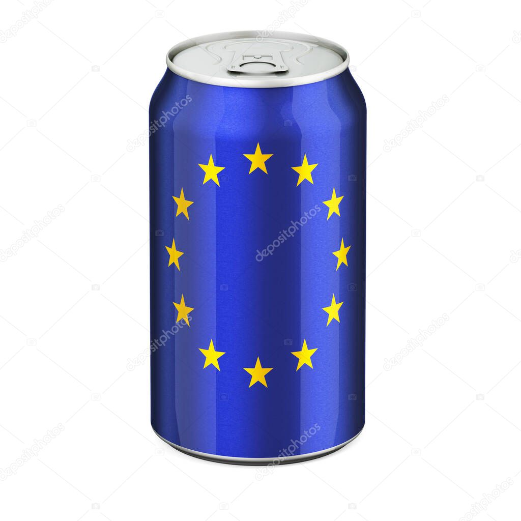 The EU flag painted on the drink metallic can. 3D rendering isolated on white background