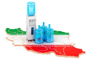 İran 'da şişe su taşıma servisi, beyaz arka planda 3 boyutlu görüntüleme