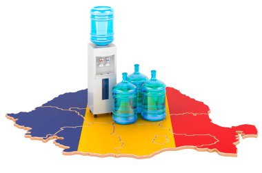 Romanya 'da Şişelenmiş Su Teslimat Servisi ve 3 boyutlu görüntüleme beyaz arka planda izole edildi