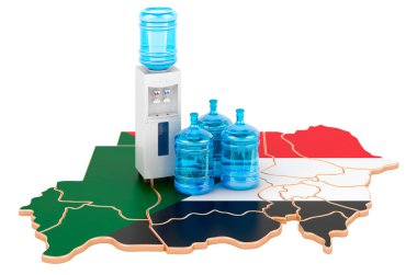 Sudan 'da şişe su taşıma servisi, beyaz arka planda 3D görüntüleme