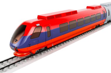 Hızlı trene Ermeni bayrağı asılmış. Ermenistan 'da demiryolu seyahati, kavram. Beyaz arkaplanda 3B görüntüleme izole edildi