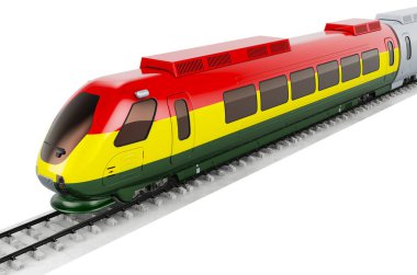 Yüksek hızlı trende Bolivya bayrağı resmedildi. Bolivya 'da tren yolculuğu, konsept. Beyaz arkaplanda 3B görüntüleme izole edildi