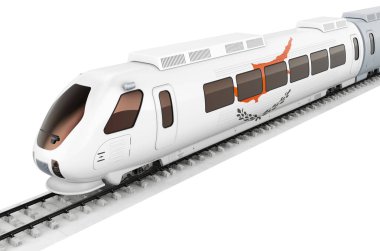 Yüksek hızlı trende Kıbrıs bayrağı boyandı. Kıbrıs 'ta demiryolu seyahati, konsept. Beyaz arkaplanda 3B görüntüleme izole edildi