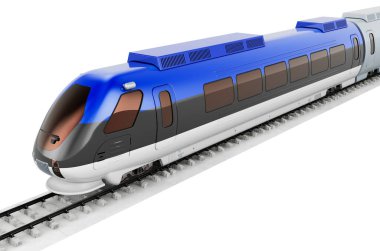 Yüksek hızlı trende Estonya bayrağı boyalı. Estonya 'da demiryolu seyahati, kavram. Beyaz arkaplanda 3B görüntüleme izole edildi