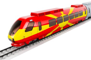 Yüksek hızlı trende Makedon bayrağı boyandı. Makedonya 'da demiryolu seyahati, kavram. Beyaz arkaplanda 3B görüntüleme izole edildi