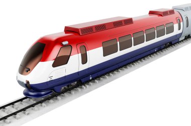 Hızlı trende Hollanda bayrağı boyalı. Hollanda 'da demiryolu seyahati, konsept. Beyaz arkaplanda 3B görüntüleme izole edildi