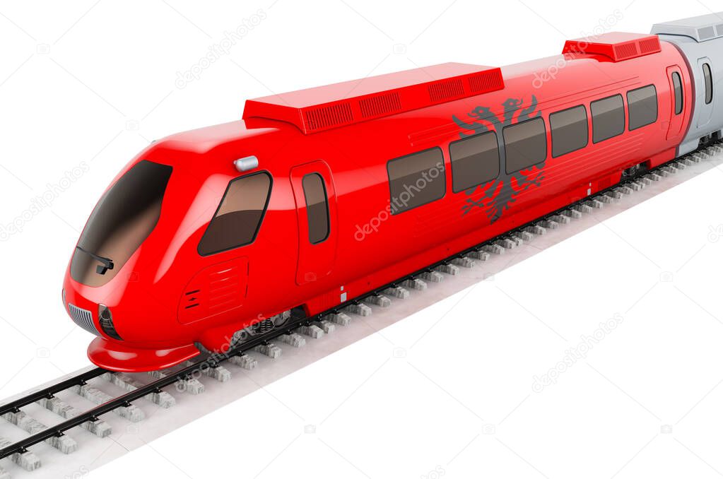 Albanian flag painted on the high speed train. Rail travel in the Albania, concept. 3D rendering isolated on white background