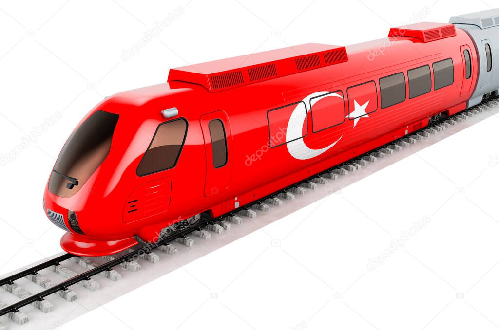 Turkish flag painted on the high speed train. Rail travel in the Turkey, concept. 3D rendering isolated on white background