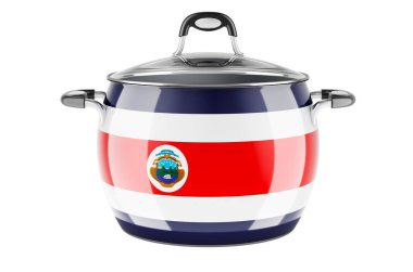 Kosta Rika ulusal mutfak konsepti. Paslanmaz çelik saksının üzerine Kosta Rika bayrağı boyanmış. Beyaz arkaplanda 3B görüntüleme izole edildi