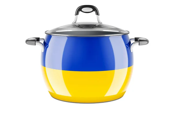 Концепция Украинской Национальной Кухни Украинский Флаг Нарисованный Горшке Нержавеющей Стали — стоковое фото