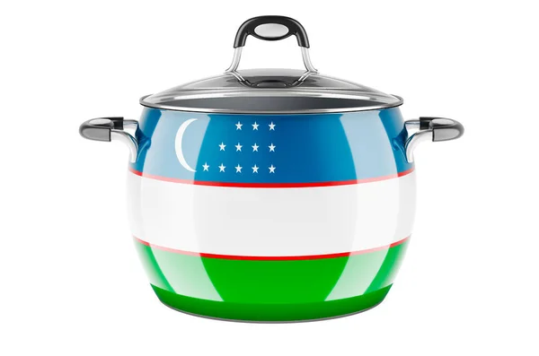乌兹别克民族烹饪理念 乌孜别克国旗涂在不锈钢货壶上 在白色背景上孤立的3D渲染 — 图库照片