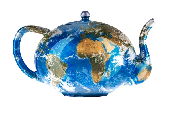 Teapot Earth Map Texture Rendering Isolated White Background — Stockfoto