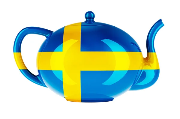 Τσαγιέρα Σουηδική Σημαία Καθιστώντας Απομονωμένη Λευκό Φόντο — Φωτογραφία Αρχείου