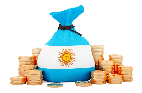 Money Bag Argentinean Flag Golden Coins Rendering Isolated White Background — 图库照片