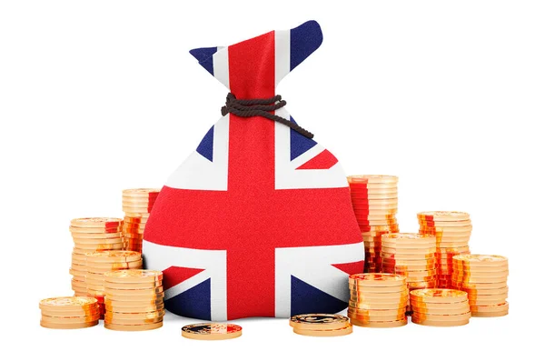 Money Bag British Flag Golden Coins Rendering Isolated White Background — Foto Stock