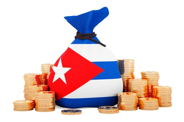 Saco Dinheiro Com Bandeira Cubana Moedas Ouro Redor Renderização Isolada — Fotografia de Stock
