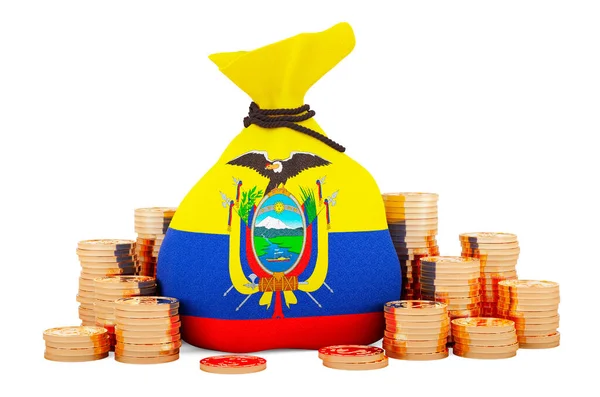 Money Bag Ecuadorian Flag Golden Coins Rendering Isolated White Background — ストック写真