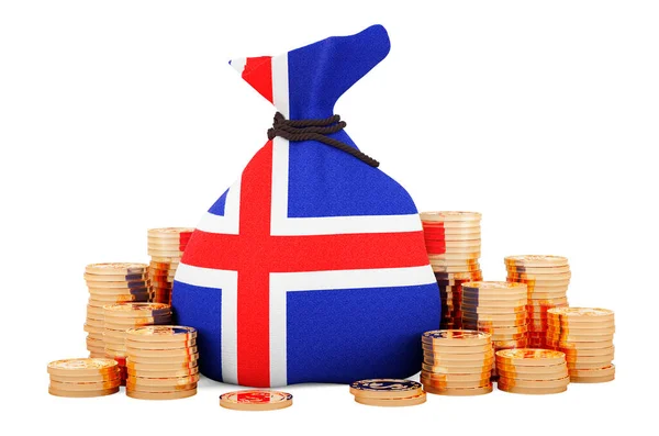 Τσάντα Χρημάτων Ισλανδική Σημαία Και Χρυσά Νομίσματα Γύρω Απόδοση Απομονωμένη — Φωτογραφία Αρχείου