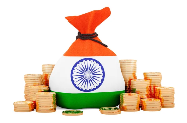 Money Bag Indian Flag Golden Coins Rendering Isolated White Background — 스톡 사진
