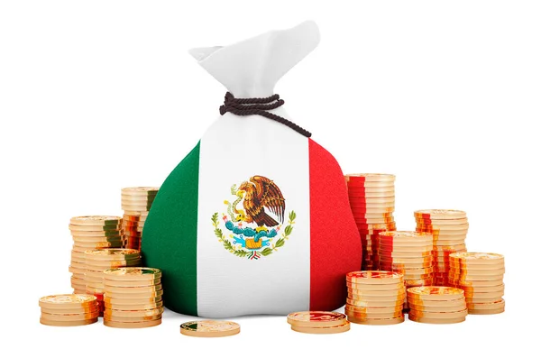 Сумка Мексиканским Флагом Золотыми Монетами Вокруг Рендеринг Изолированы Белом Фоне — стоковое фото
