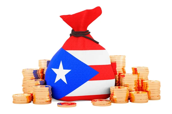 Money Bag Puerto Rican Flag Golden Coins Rendering Isolated White — Stockfoto