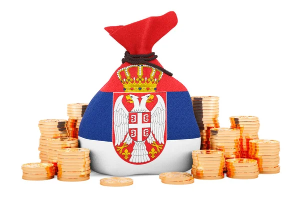 Torba Pieniędzy Serbską Flagą Złote Monety Wokół Renderowanie Izolowane Białym — Zdjęcie stockowe