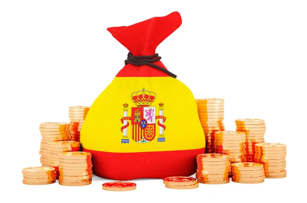 Money Bag Spanish Flag Golden Coins Rendering Isolated White Background — Foto de Stock