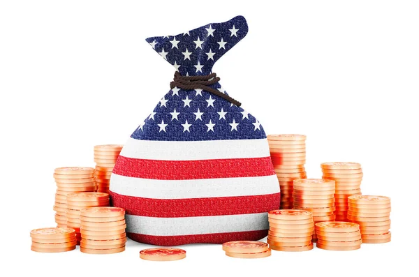 Saco Dinheiro Com Bandeira Dos Estados Unidos Moedas Ouro Redor — Fotografia de Stock