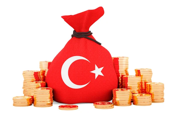 Money Bag Turkish Flag Golden Coins Rendering Isolated White Background — Foto Stock