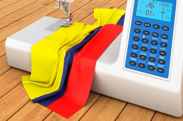 Modern sewing machine with Colombian flag on the wooden table. 3D rendering