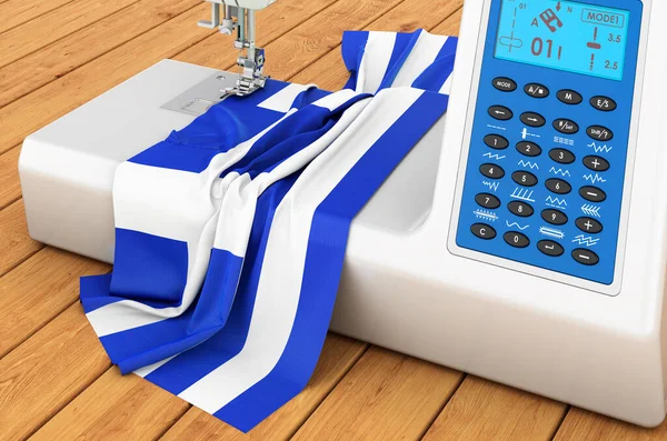 Modern Sewing Machine Greek Flag Wooden Table Rendering — Stockfoto