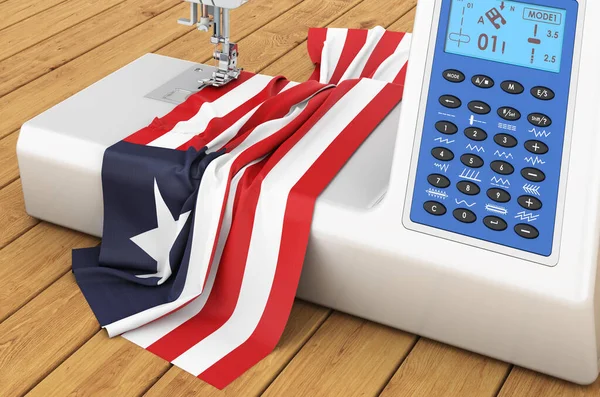 Modern Sewing Machine Liberian Flag Wooden Table Rendering — Zdjęcie stockowe