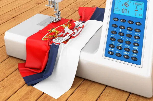 Modern sewing machine with Serbian flag on the wooden table. 3D rendering