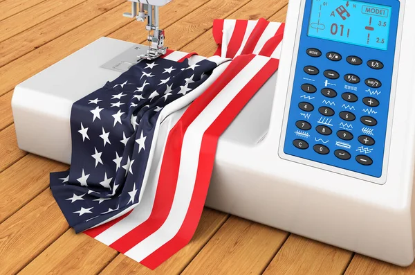 Modern Sewing Machine United States Flag Wooden Table Rendering — Zdjęcie stockowe