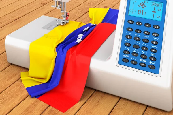 Modern sewing machine with Venezuelan flag on the wooden table. 3D rendering