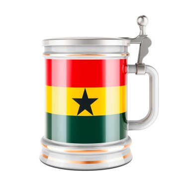 Ghanaian bayrağı taşıyan bira bardağı, beyaz arkaplanda 3 boyutlu görüntüleme  