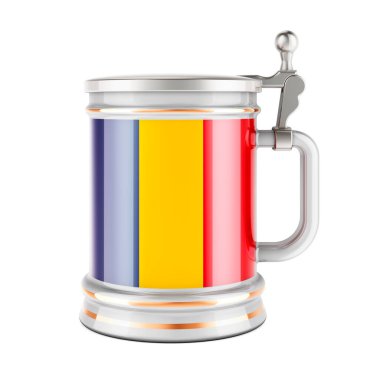 Romanya bayraklı bira bardağı, beyaz arka planda 3D görüntüleme  