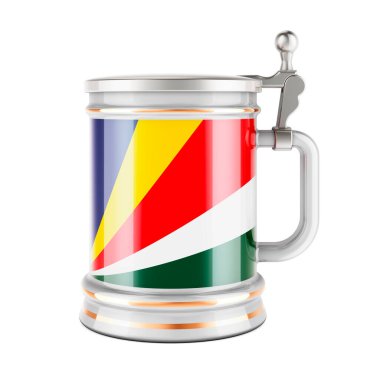 Seyşelloise bayrağıyla bira kupası, beyaz arkaplanda 3D görüntüleme  