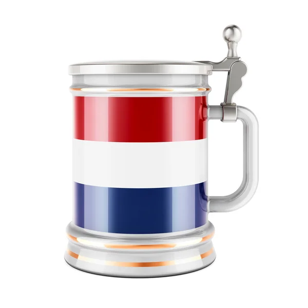 Κούπα Μπύρα Την Ολλανδική Σημαία Καθιστώντας Απομονωμένη Λευκό Φόντο — Φωτογραφία Αρχείου