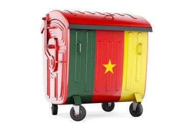 Kamerun bayrağına sahip çöp konteynırı, beyaz arkaplanda 3 boyutlu görüntüleme