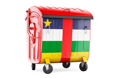 Orta Afrika Cumhuriyeti bayrağı taşıyan çöp konteynırı, beyaz arka planda 3 boyutlu görüntüleme  