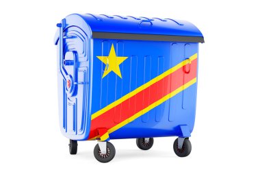 Kongo Demokratik Cumhuriyeti bayrağına sahip çöp konteynırı, beyaz arka planda 3 boyutlu görüntüleme  